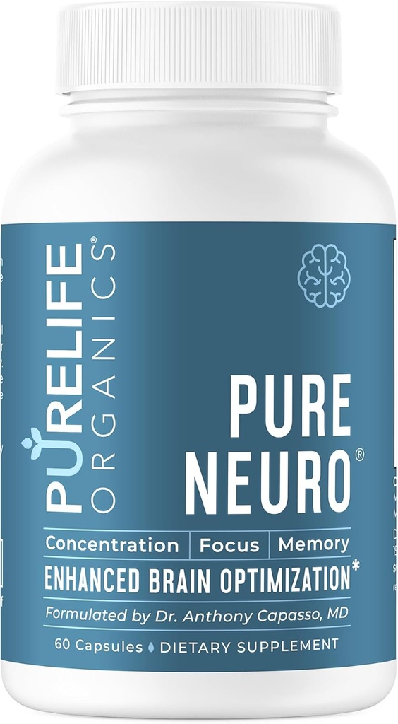 PureLife Organics Pure Neuro - Συμπλήρωμα για την εξάλειψη εγκεφαλική ομίχλη, υποστήριξη μνήμης & ενίσχυση εστίασης - 30 ημέρες προσφοράς - 60 Vegan & Gluten-free κάψουλες - Γιατρός Formulated for Brain Health Support