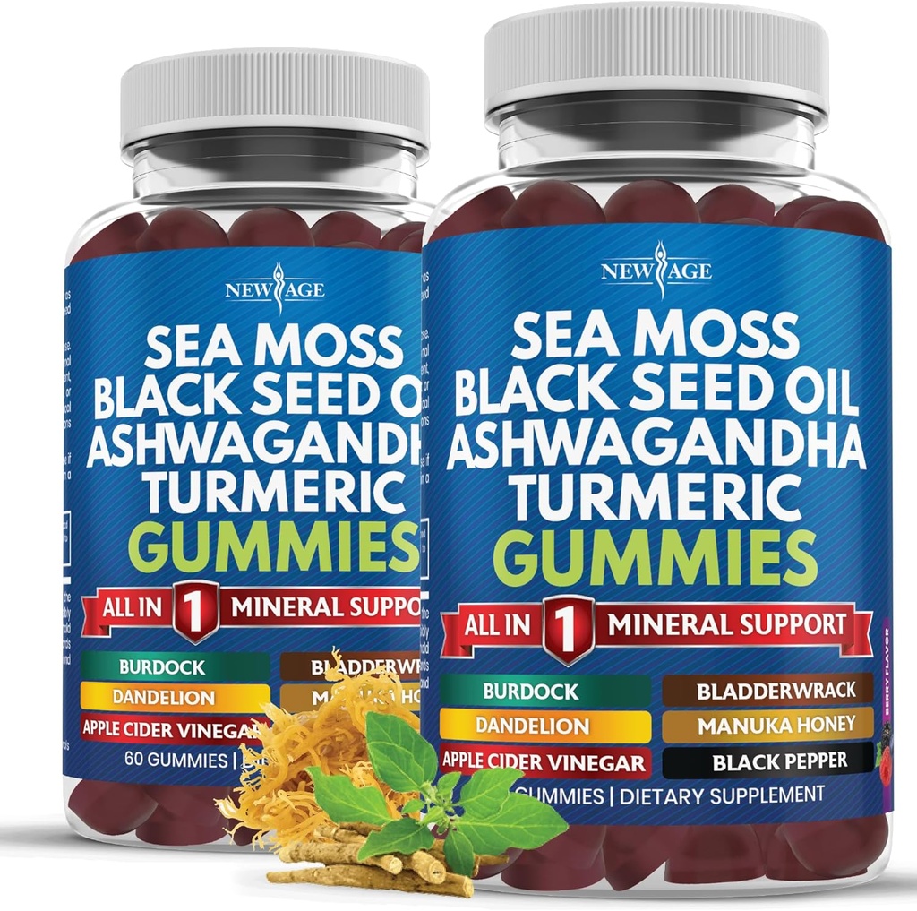 Sea Moss Gummies, Sea Moss, Black Seed, Ashwagandha, Turmeric, Manuka Honey, ACV, Dandelion, Black Pepper, Burdock, Bladderwrack, Vegan - 120 Kont