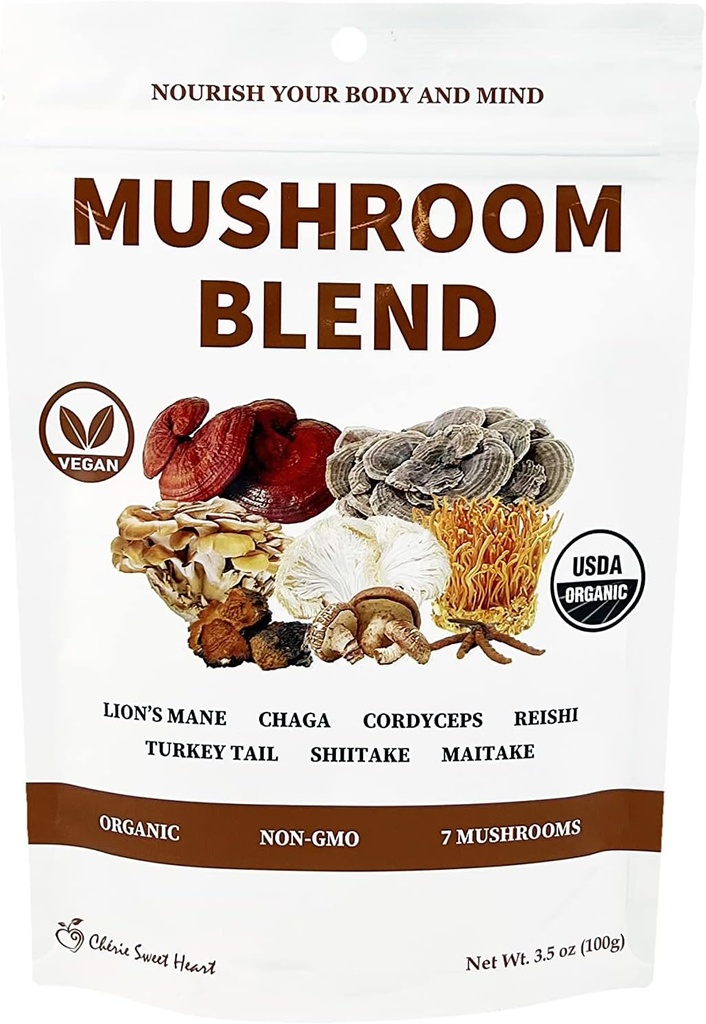 Cherie Sweet Heart 7 Mushroom Extract Toz - USDA Organik Superfood Mix with Lion's Mane, Reishi, Cordyceps, Maitake, Shiitake, Türkiye Tail & Chaga – Vegan, Non-GMO, Gluten-Free – 3.5 oz