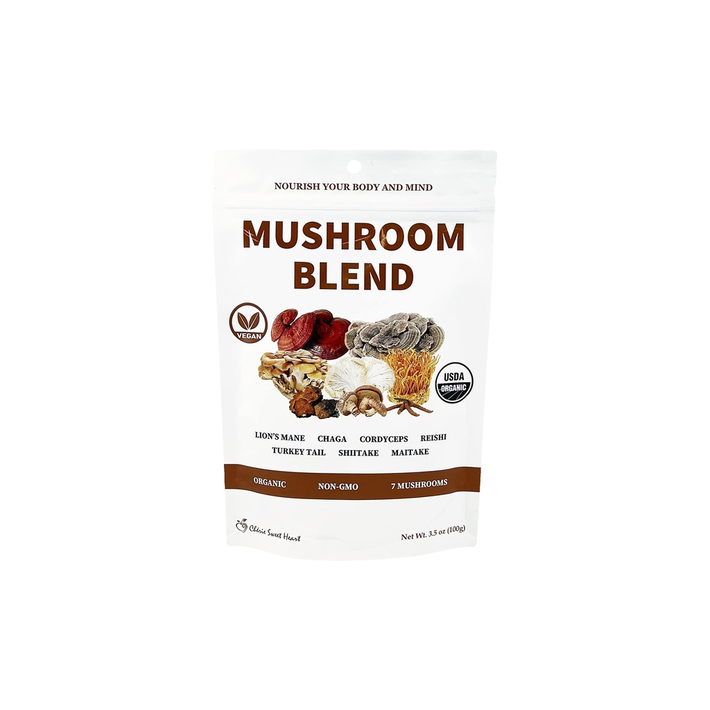 Cherie Sweet Heart 7 Mushroom Extract Toz - USDA Organik Superfood Mix with Lion's Mane, Reishi, Cordyceps, Maitake, Shiitake, Türkiye Tail & Chaga – Vegan, Non-GMO, Gluten-Free – 3.5 oz