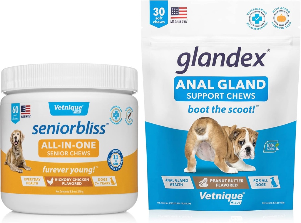 VETNIQUE Seniorbliss All-in-One Multivitamin Chews for Senior Dogs (60ct) & Glandex Anal Gland Υποστήριξη φυστικοβούτυρο μαλακά μάσημα για σκύλους (30ct) Bundle