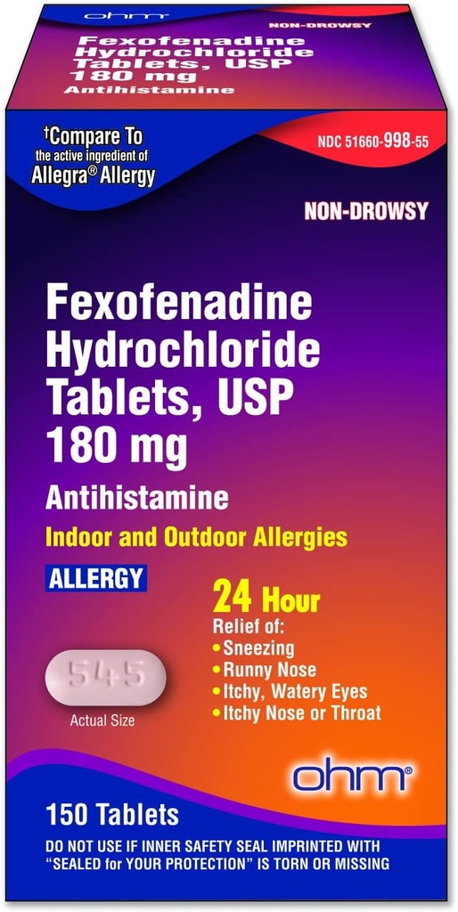 Ohm Antivirüs Tıp Fexofenadine 180mg - Sneezing ve Alerji Belirtileri için 24 Saat Yardım, Sigara içilmeyen - 24 Saat Etkili Yardım için Antihistamin Tabletleri - 150 Kont (Single Pack)