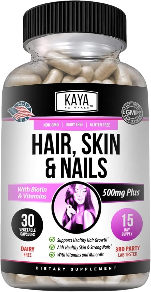 Καγιά Naturals Καψάκια Καρφιών μαλλιών με Βιοτίνη - Βιταμίνες μαλλιών και δέρματος, Βιταμίνη D Βιταμίνη B-12 A Folic Acid Υποστήριξη, Συμπλήρωμα Βιταμίνης Υποστήριξης μαλλιών για Καρφάκια δέρματος μαλλιών - 30 Κάψουλες Count