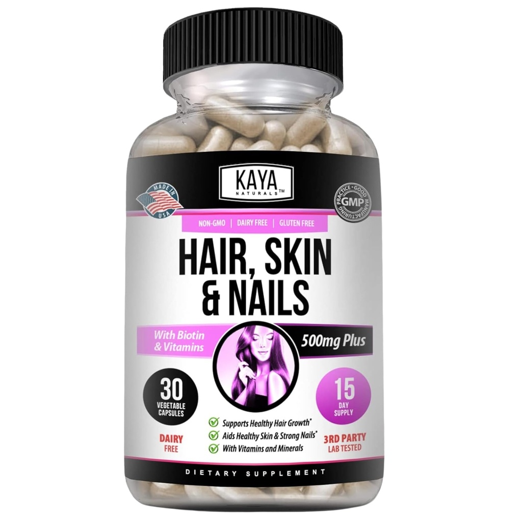 Kaya Naturals Hair Skin Capsules with Biotin - Saç ve Cilt Vitaminleri, D Vitamin B-12 A Folic Asit Desteği, Saç Destek Vitamini Saç Çığlıkları Için Ekle 30 Capsule Counts