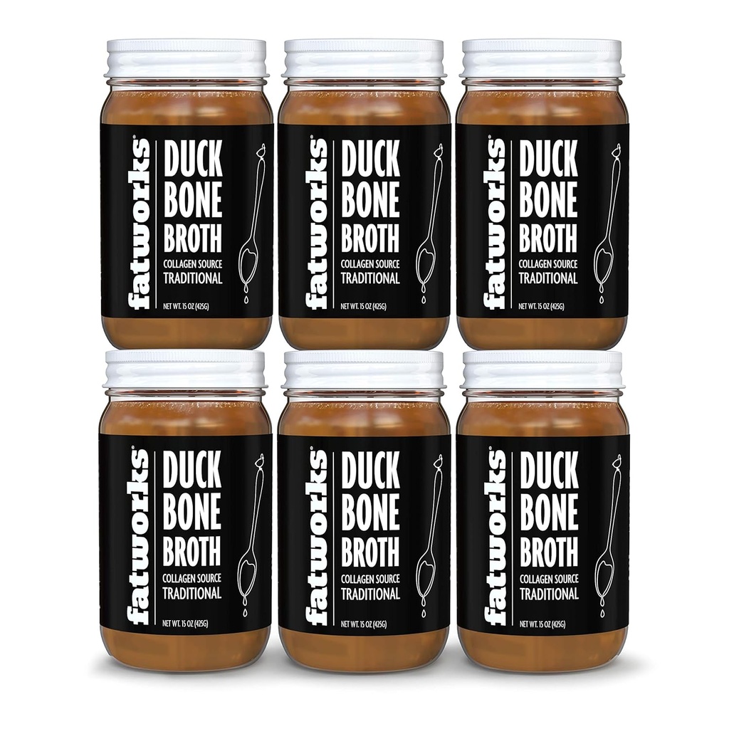 Fatworks Gourmet Cage-Free Duck Bone Broth, Geleneksel Flavor, Keto, Paleo, Collagen Rich, Preservative Free, 6 paket 15 oz. Jars