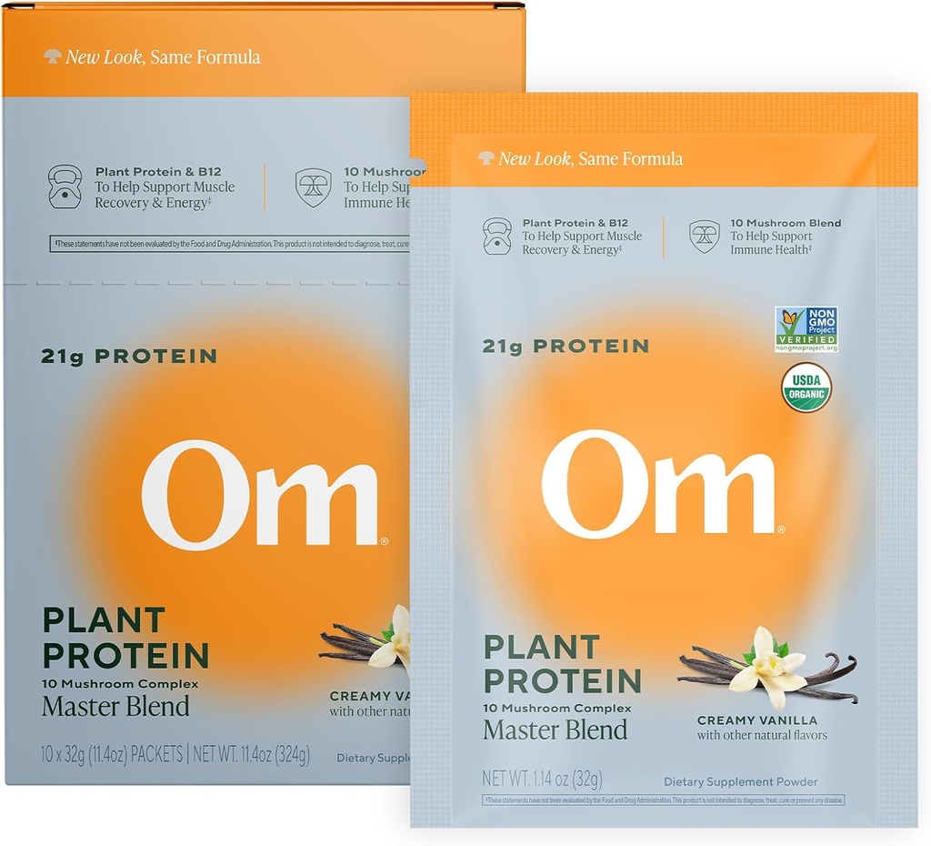 Om Master Blend Vegan Protein Powder, Vanilla, 21g φυτικής πρωτεΐνης - Βιολογικό συμπλήρωμα μανιταριών με 10 Mushroom Complex, Ashwagandha, BCAAs και βιταμίνη B12 - Ενιαία σερβίρεται (10 κόμης)