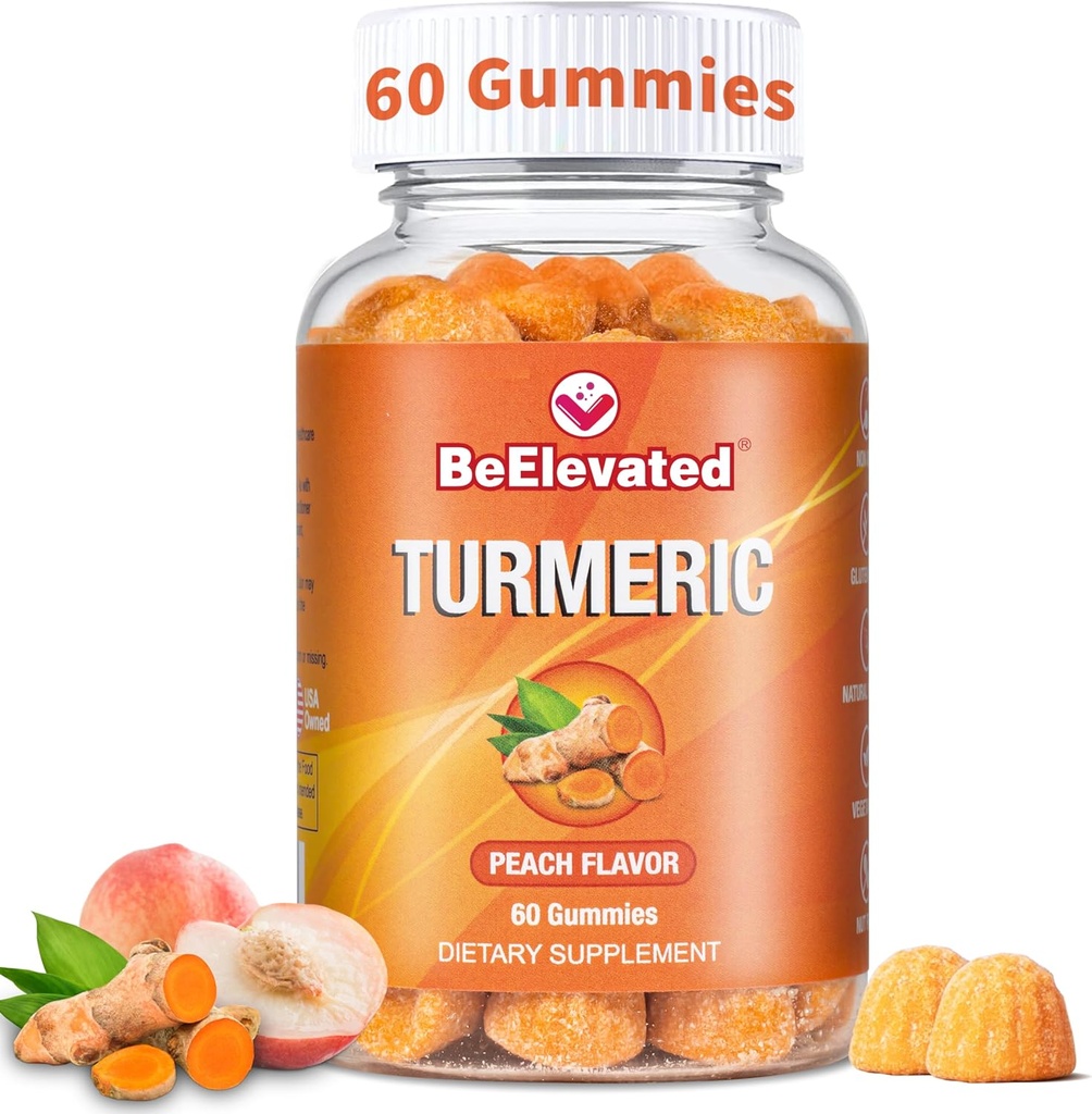 Curcumin Turmeric Gummies – Ekstra Güçlü 2000 mg 8:1 Türmeric Supplement Gummies with Black Pepper & Ginger – Vegan Non-GMO Ortak Destek Chewables – Peach Flavor, 60 Kont