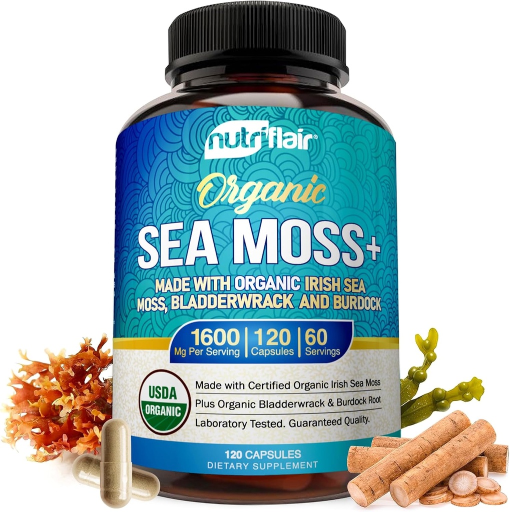 NutriFlair Organik Deniz Moss 1600 mg, 120 Capsules Plus Bladderwrack & Burdock - Prebiyotik Super Food - Immune System & Digestive Health - Yourroid, Sağlıklı Skin, Keto Detox, Gut