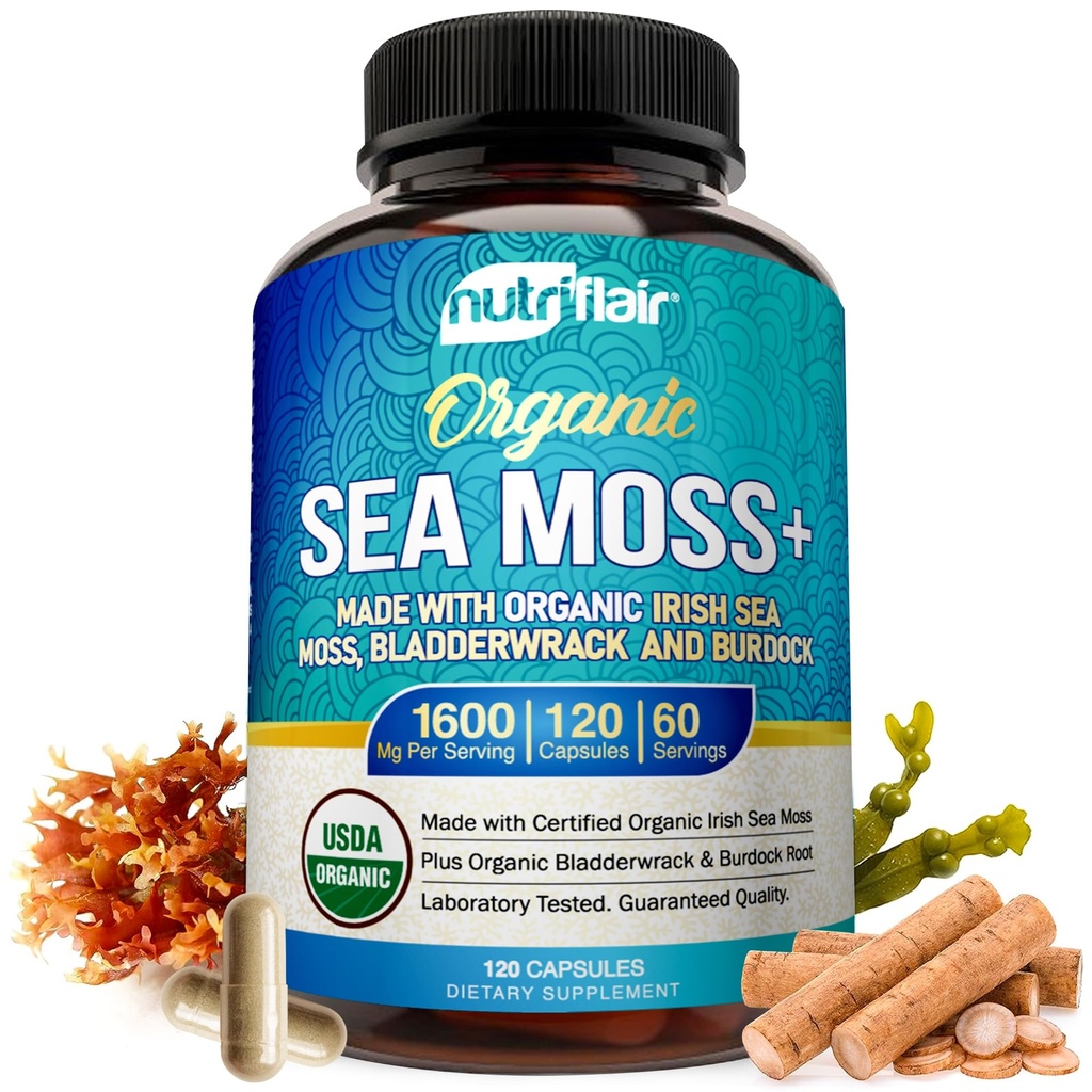 NutriFlair Organik Deniz Moss 1600 mg, 120 Capsules Plus Bladderwrack & Burdock - Prebiyotik Super Food - Immune System & Digestive Health - Yourroid, Sağlıklı Skin, Keto Detox, Gut