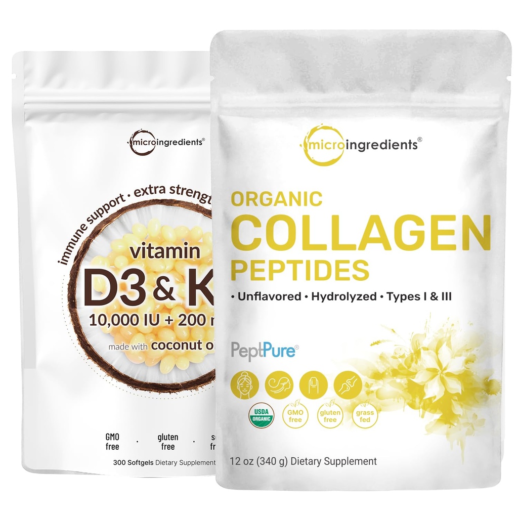 Mikro Malzemeler D3 10000 iu + K2 200 mcg Coconut Oil Softgels & Organik Collagen Peptides Toz Paket 2 Paket | Temel Sunshine Vitaminler | Hidrolyzed Tip I & III Bovine Collagen