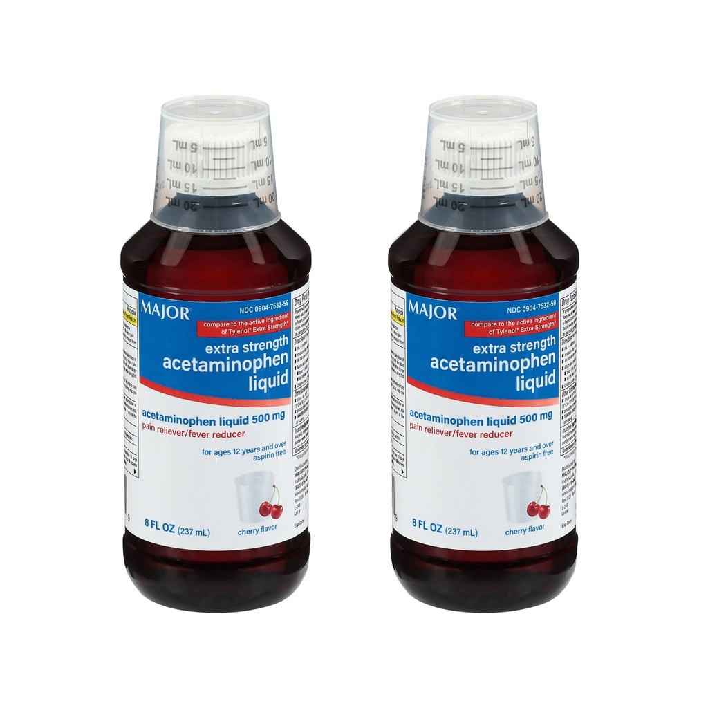 MAJOR Yetişkin Ekstra Kuvvetli Sıvı Acetaminophen 500 mg - Relieve Ağrısına yardım edin ve Ateşleri Azaltır - aspirin Free - Cherry Flavor - 8 Fl Oz (2 Pack)
