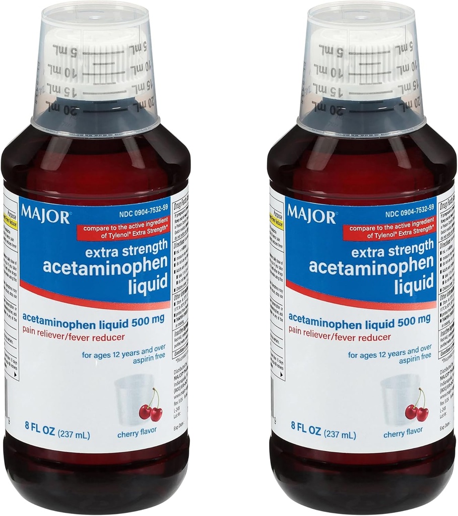 MajOR Ενήλικας επιπλέον δύναμη Liquid Acetaminophen 500mg - βοηθά στην ανακούφιση του πόνου και τη μείωση Fevers - Ασπιρίνη Δωρεάν - Cherry Flavor - 8 Fl Oz (2 πακέτο)