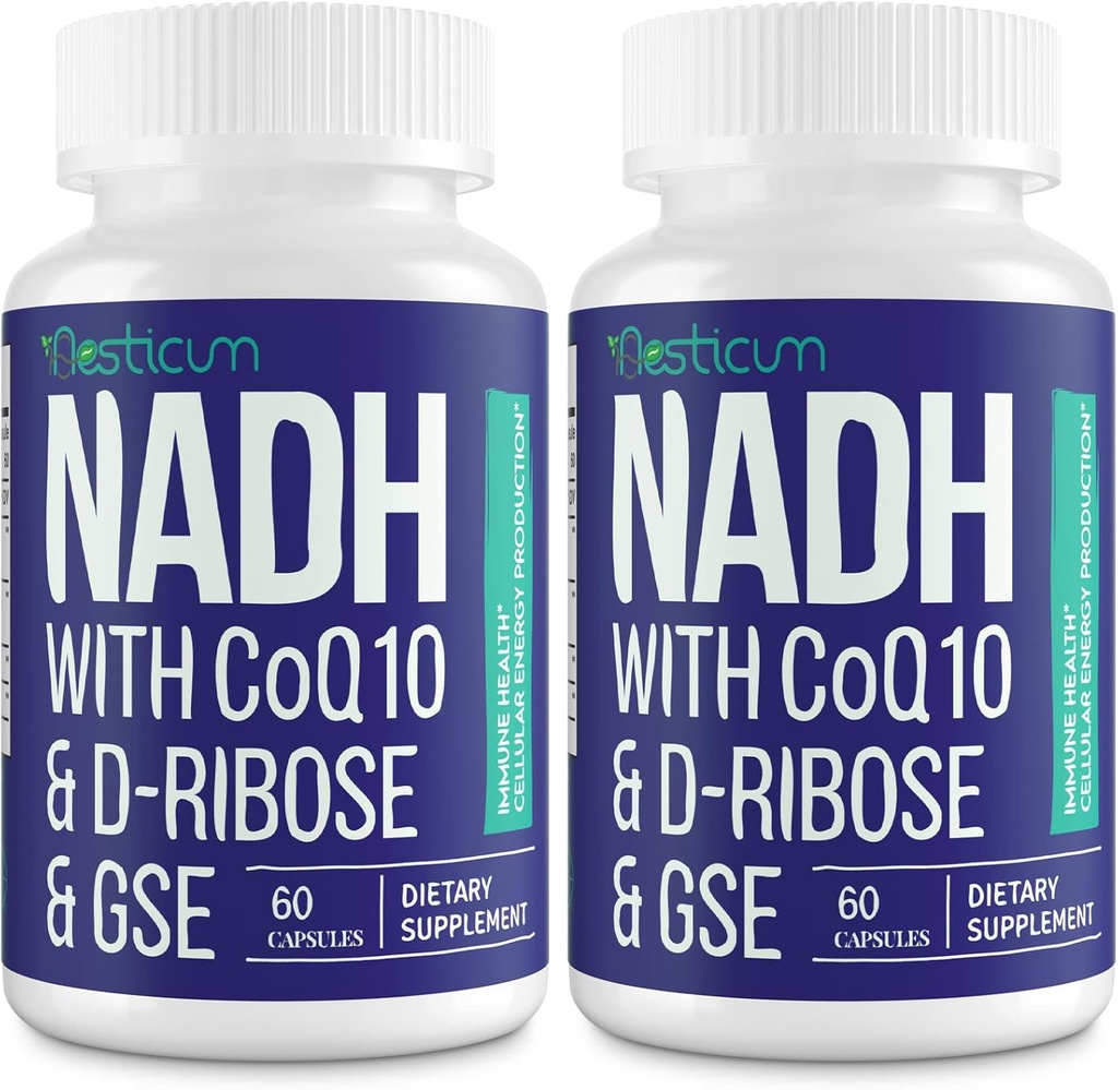 NADH 50 mg + CoQ10 200 mg + D-Ribose 150 mg Supplement, NAD+ Immune System, Cellular Energy, Focus, Reduced Nicotinamid Adenine Dinüotide, 120 Veggie Capsules
