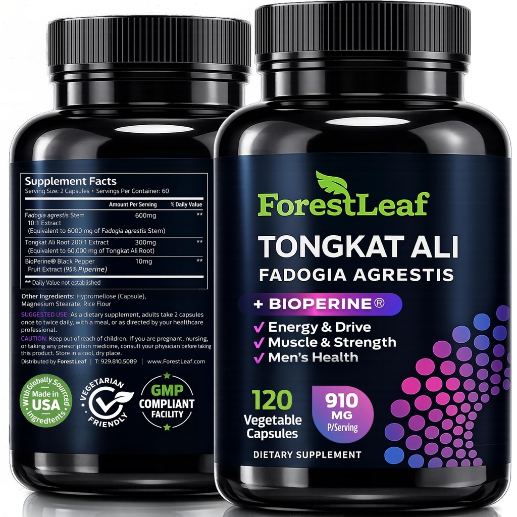 Tongkat Ali ve Fadogia Agrestis for Men Supplement w/BioPerine - Tonkat-Ali Max Strength 200:1 Extract - Long Jack Tongkat-ali for Men - Kas Büyüme, Performans ve Enerji - 120 Toz Capsules
