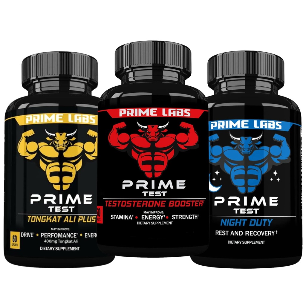 Prime Labs Prime Test Testosterone Booster + Night Duty Sleep Supplement + Tongkat Ali Plus (60 Count Each)
