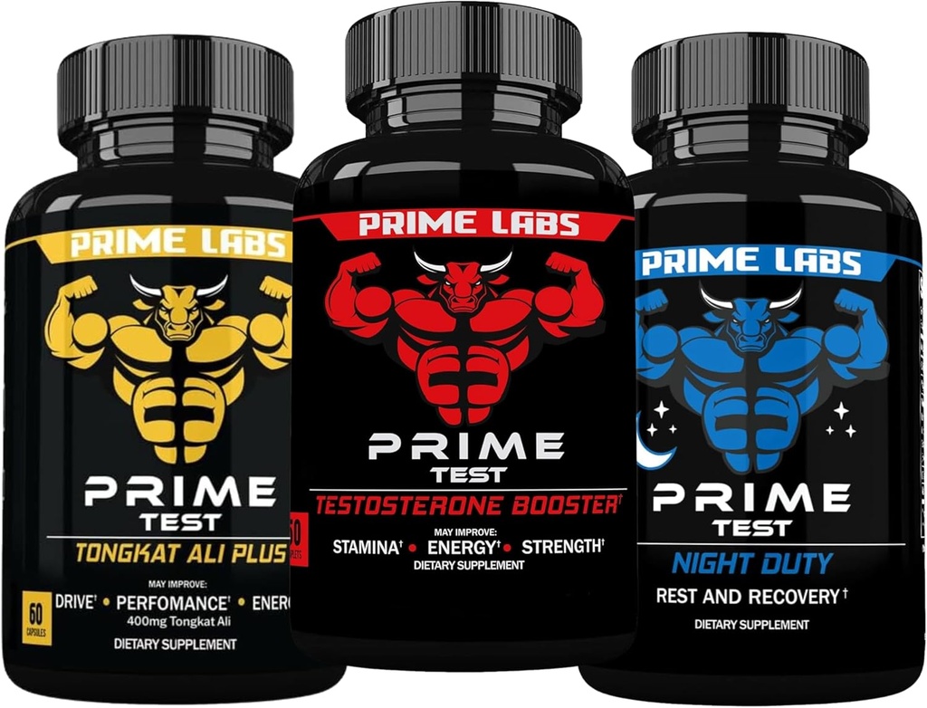 Prime Labs Prime Test testosteron ATM + Night Duty Sleep Supplement + Tongkat Ali Plus (60 Count each)