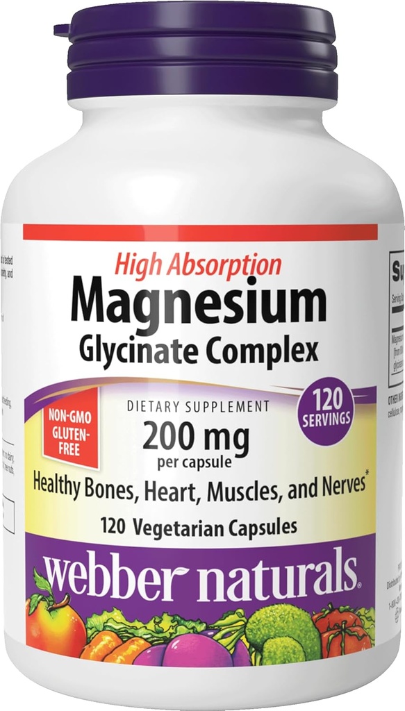 Webber Naturals Glycinate Magnesium Complex 200 mg, 120 κάψουλες χορτοφάγων, Φόρμουλα Υψηλής Απορρόφησης, Υποστηρίζει οστά, καρδιά, μύες & νεύρα, μία ανά ημέρα, Vegan, νέα ετικέτα!