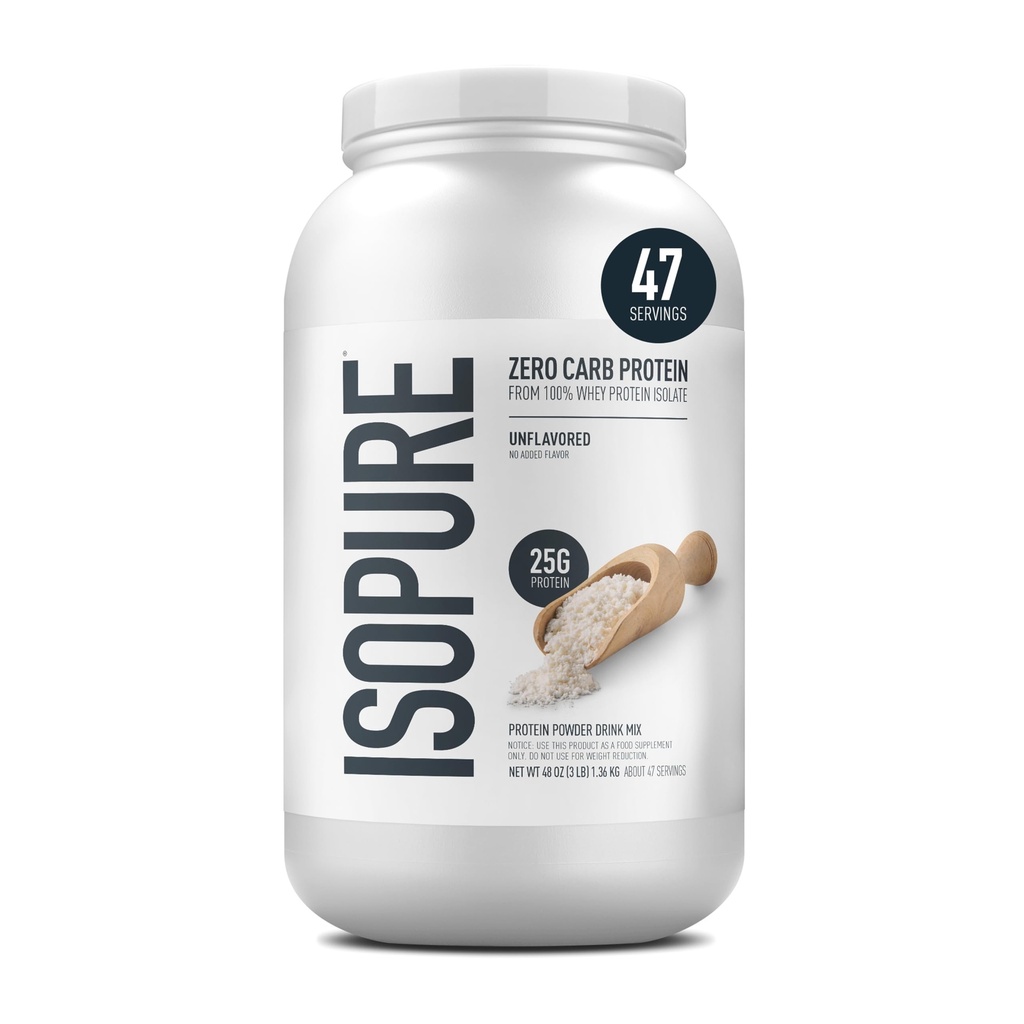 Isopure Zero Carb 100% Pure Whey Isolate Protein Powder, Lactose Free, Gluten Free, With Vitamins, Unflaved, 25g Protein Per Serving, 3 Lbs, 47 Servings (Packaging May Vary)