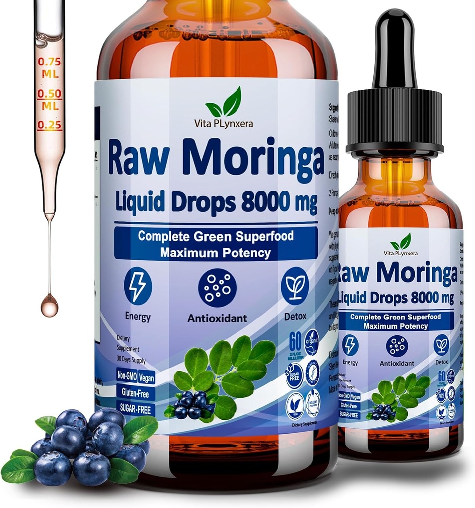 Raw Moringa Liquid Drops 8000 mg, Organic Moringa Oleifera Leaf Extract w. Supergreens Blend of Wheatgrass, Barley Grass for Antioxidant, Energy & Immune, High Potency Than Caps σκόνη