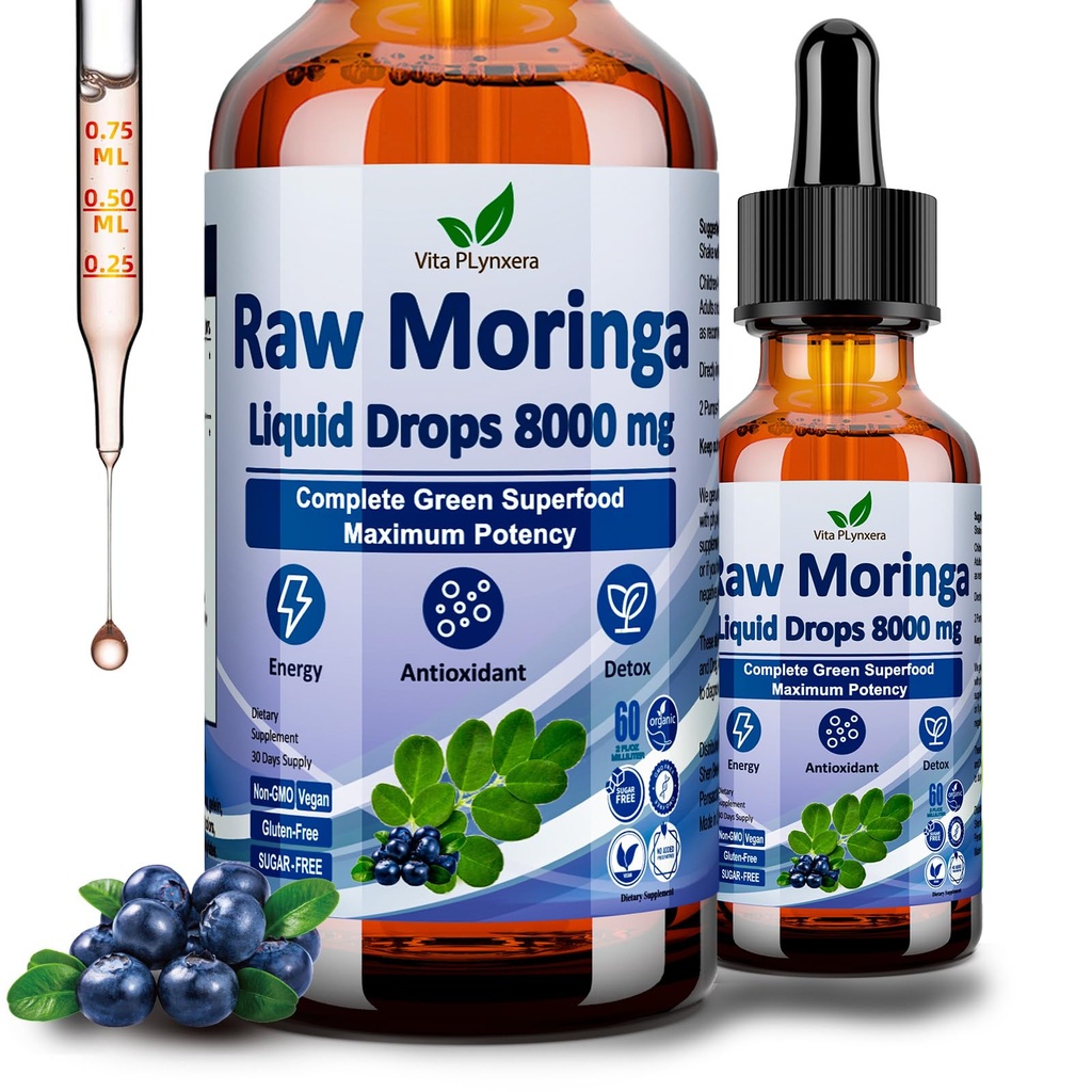 Raw Moringa Liquid Drops 8000 mg, Organik Moringa Oleifera Leaf Extract w. Supergreens Buğdaygrass, Barley Grass for Antioxy, Energy & Immune, High Potency Capsules Toz
