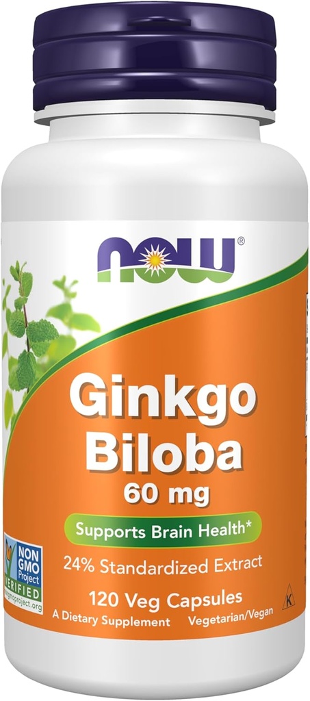 NOW Foods Supplements, Ginkgo Biloba 60 mg, 24% Standardized Extract, Non-GMO Project Verified, 120 Veg Capsules