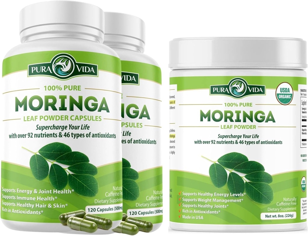 Moringa Capsules 120ct. 500 mg Caps. (Pack of 2) ve Moringa Toz 8 oz.