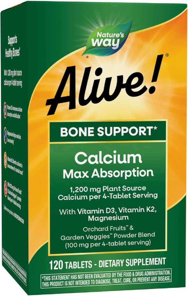 Doğanın Yolu Alive! Kalsiyum Max Abxia, Bone Support*, Plant Sourceuba, Vitamin D3 & K2, Magnezyum, 120 Tablet (Pazar Mayıs Vary)