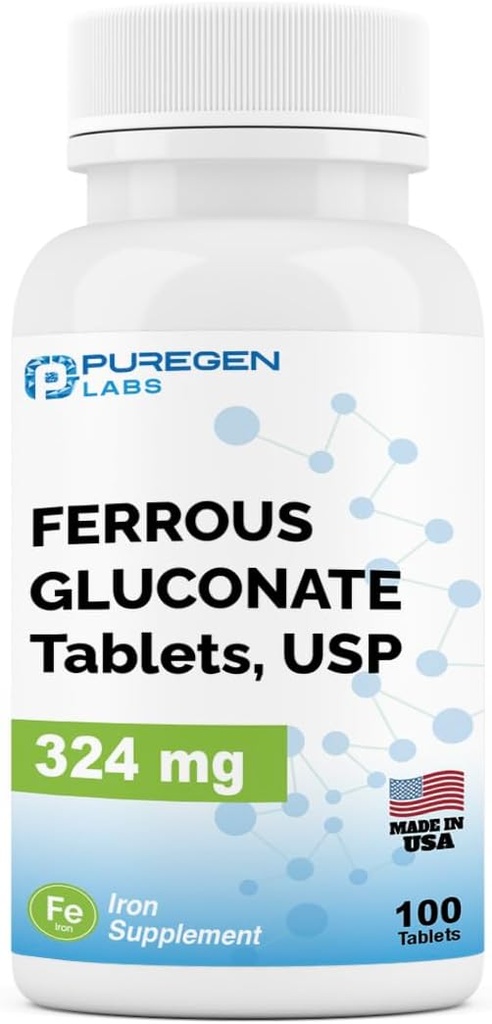 Puregen Labs Ferrous Gluconate 324 mg [Υψηλή Ικανότητα] Συμπλήρωμα σιδήρου, Απαλό στο στομάχι - 100 δισκία