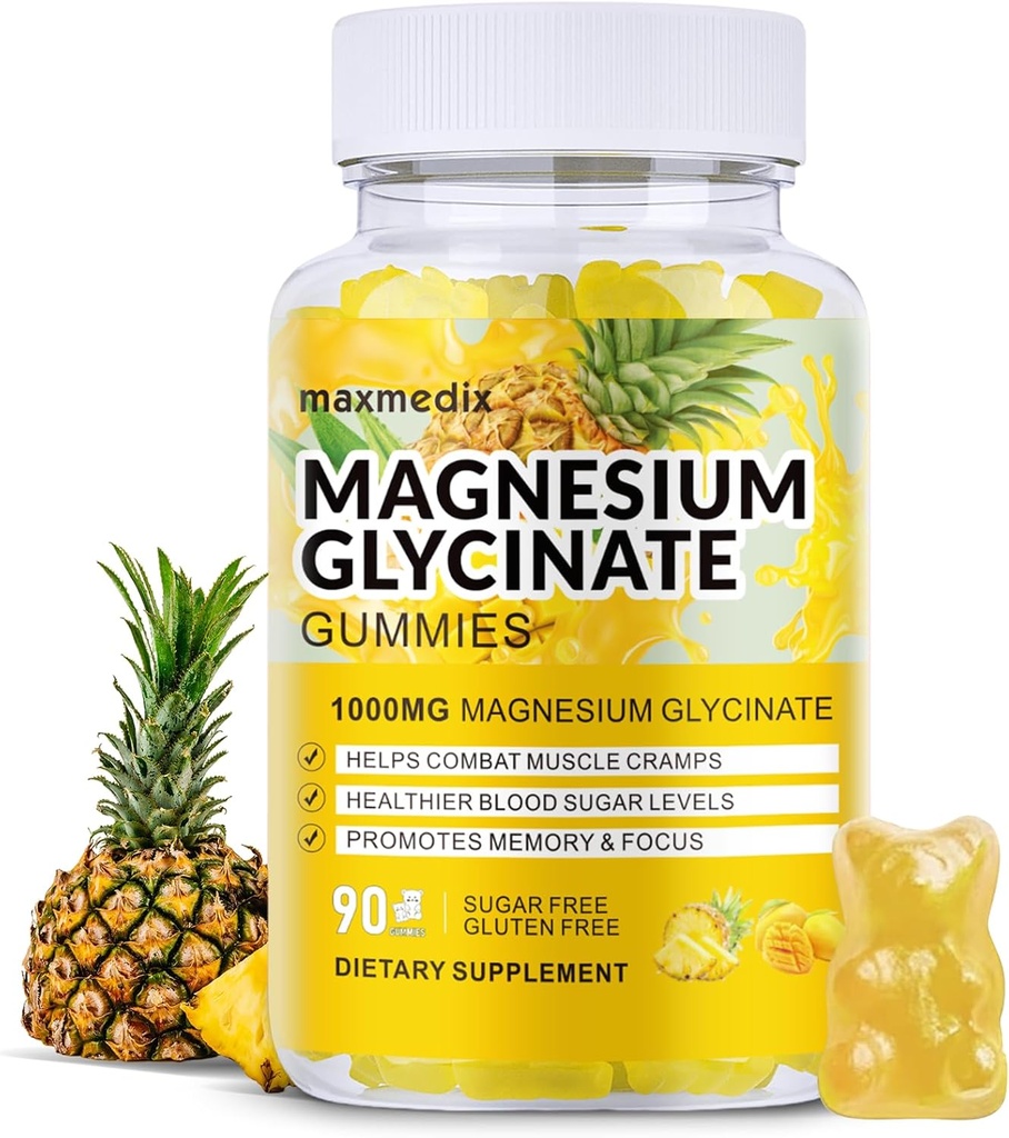 Magnezyum Glycinate Gummies 1000 mg, Sugar Free Magnezyum Pids Supplements Chewable for Yetişkinler, Body Support and Relaxation,90 Mango Pinele Gummies
