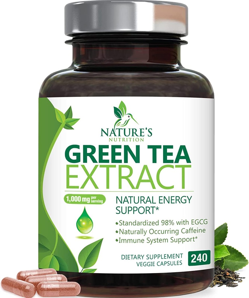 Κάψουλες εκχύλισμα πράσινου τσαγιού 1000mg 98% Standardized EGCG - 3X Δύναμη για Φυσική Ενέργεια - Υποστήριξη καρδιάς με Πολυφαινόλες - Απαλή καφεΐνη - 240 Κάψουλες