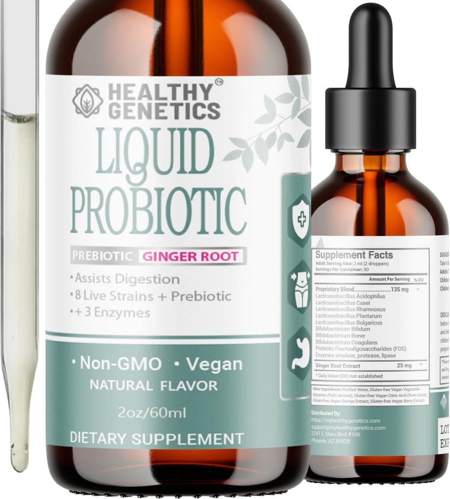 Liquid Probiotics for Women Men & Kids | Prebiotic +Ginger + Probiotics for Digestive Health | Acidophilus Probiotic | Dairy Free | Vegan | Non-GMO | Gluten Free | 30 Servings