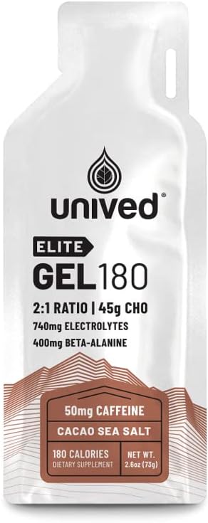 Unived Elite Gel 180-2:1 Ratio of Simple & Complex Carbs with Beta Alanine & Essential Electrolytes - για την αντοχή Αθλητές Runners & Cyclists -180kcal - Cocoa Sea Salt - 50mg Caffeine - Συσκευασία των 6