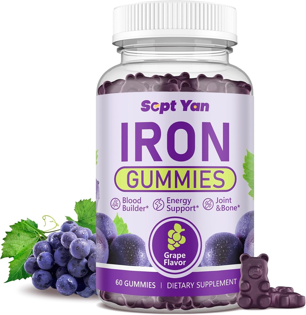 Iron Gummies for Women and Men, Iron Gummies with Folate, Vitamin B12, Zinc & D3 for Blood Building, Energy Boost, Immune Support & Bone Health, Gentle Absorpation, Vegan, Grape Favour 60ct