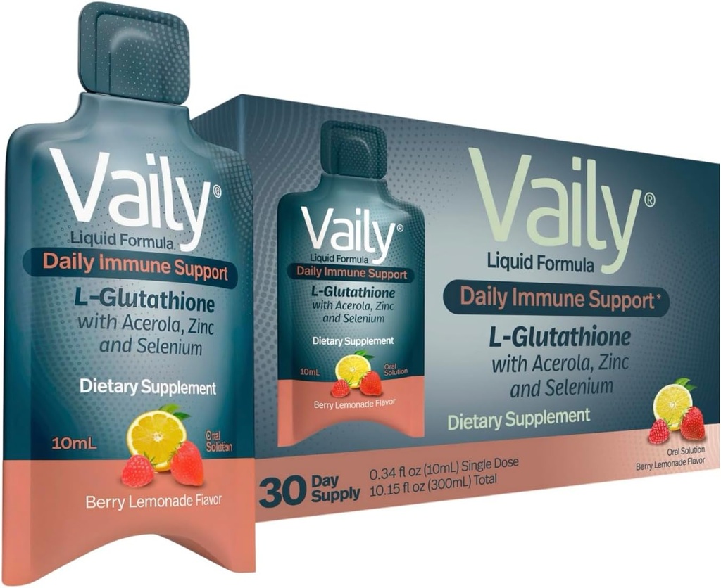 Vaily Immune Support Supplement for Yetişkinler - Sıvı Glutathione Supplement 860 mg w/Acerola Vitamin C çinko & Selenium - Yüksek Potency Antioksi, Skin Health, Detox Every Day - 30 Single-dose Vials