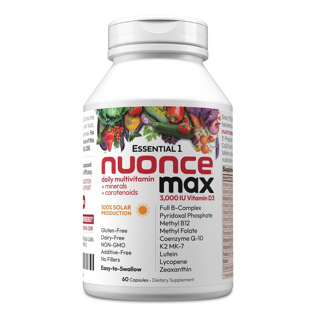ANDREW LESSMAN Essential-1 nuonce max Multivitamin 3000 IU Vitamin D3 60 Small Capsules. 100 mcg Methyl B12. CoQ10 Lutein Lycopene Zeaxanthin. High Potency. No Additives. Ultra-Mild One Daily Capsule