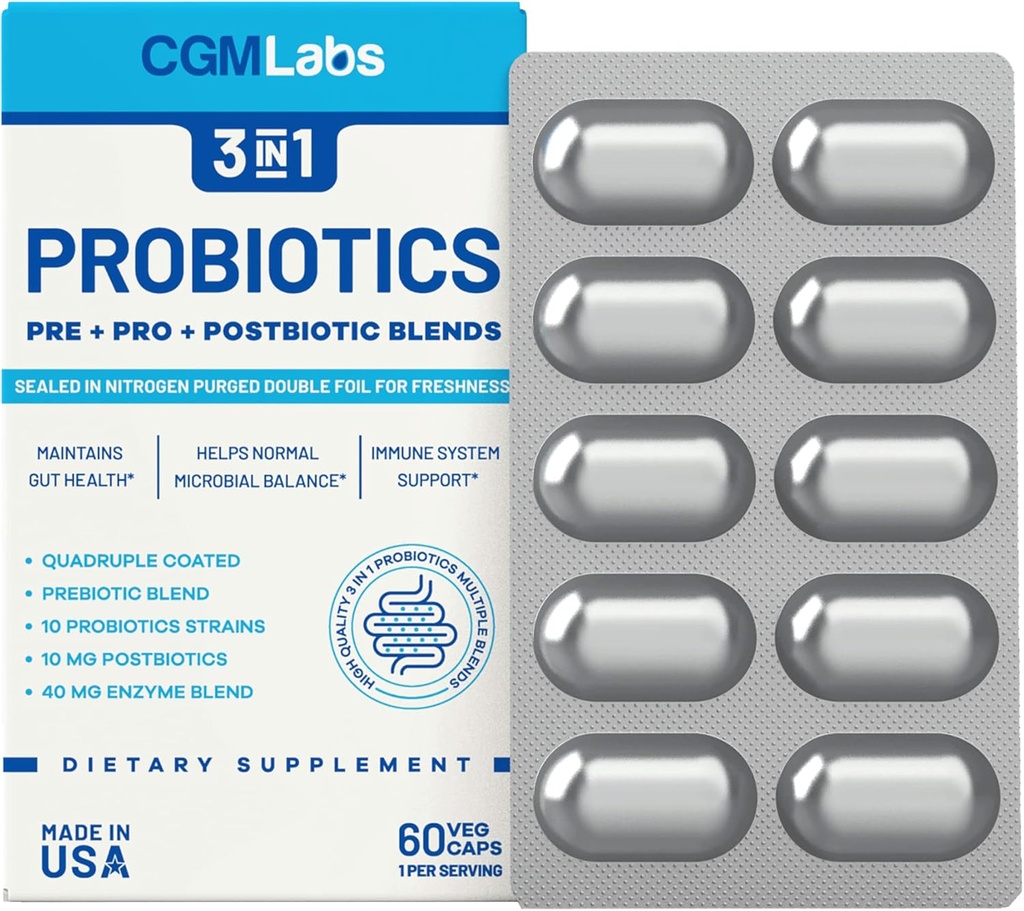 Probiyotikler 1 - Prebiyotiks + Probiyotiks + Postbiyotiks Tek başına! Nitrogen P, Double-foil Flic için bireysel olarak paketlendi - CGM Laboratuvarları tarafından 60 Veg caps