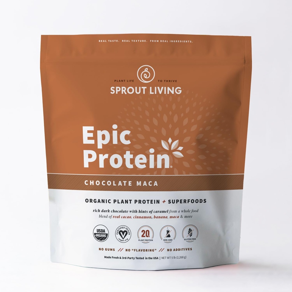 Sprout Living Epic Protein, Plant Based Protein & Superfoods Powder, Chocolate Maca Powder | 20 Grams Organic Protein Powder, Vegan, Non Dairy, Non-GMO, Gluten Free, Low Sugar (5 Pound, 60 Servings)