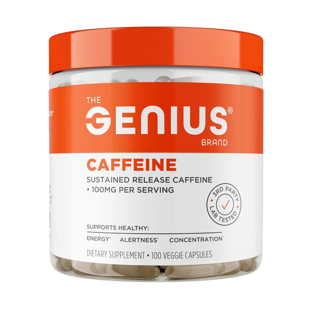 Genius Caffeine - Sustained-Release Microencapsated Caffeine Pills for Smooth, Long-Lasting Energy & Focus - No Jitters or Crash - 100 mg per Capsule - 100 Hizmet - Doğal Performans ATM