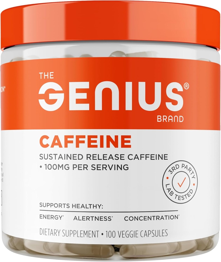 Genius Caffeine - Sustained-Release Microencapsated Caffeine Pills for Smooth, Long-Lasting Energy & Focus - No Jitters or Crash - 100 mg per Capsule - 100 Hizmet - Doğal Performans ATM