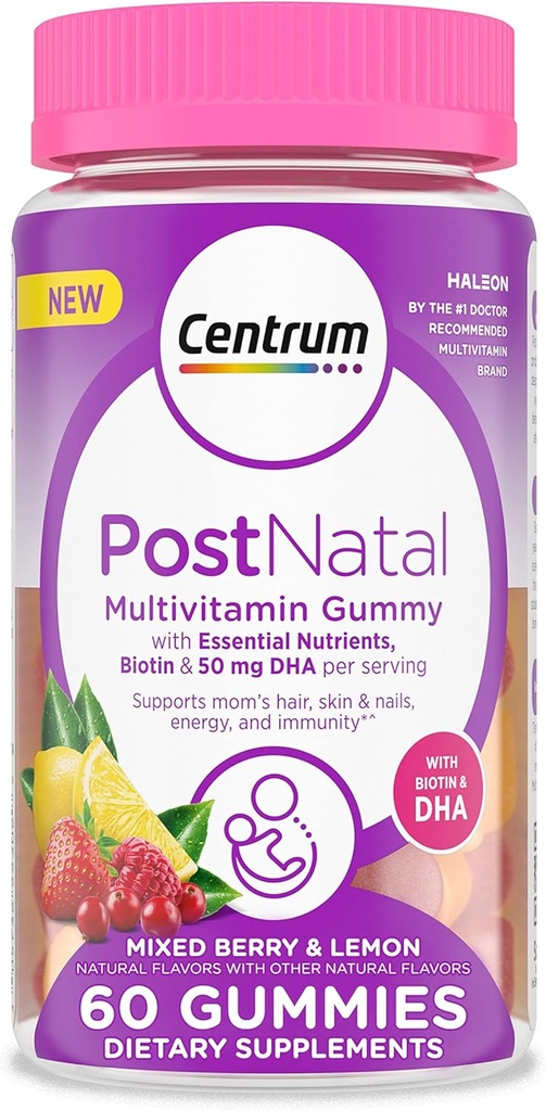 Centrum μεταγεννητική πολυβιταμίνες Gummies με Biotin και DHA, μικτή μούρα και άρωμα λεμόνι - 60 κόμης, 30 ημέρες εφοδιασμού