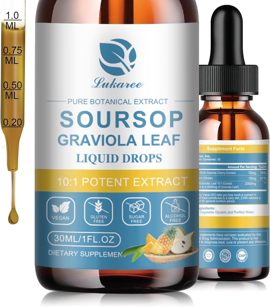 Lukaree Nature Soursop Bitters Liquid, 15 Days Supply Graviola Oil for Cell Support & Rejenerasyon, Antioksi, Immune Boost, Digestive, Sugar-Free, Gluten-Free, Sour SOP Multivitamin 1 FL OZ