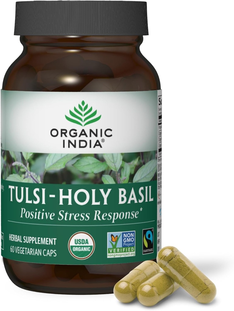 ORGANIC INDIA Tulsi Holy Basil Capsules - Kutsal Şair - Kutsal Basil Leaf Supplement, Herbal Supplement, Immune Support, Stress Relief, Vegan, Gluten-Free, Kosher, Organic, Non-GMO - 60 Capsules