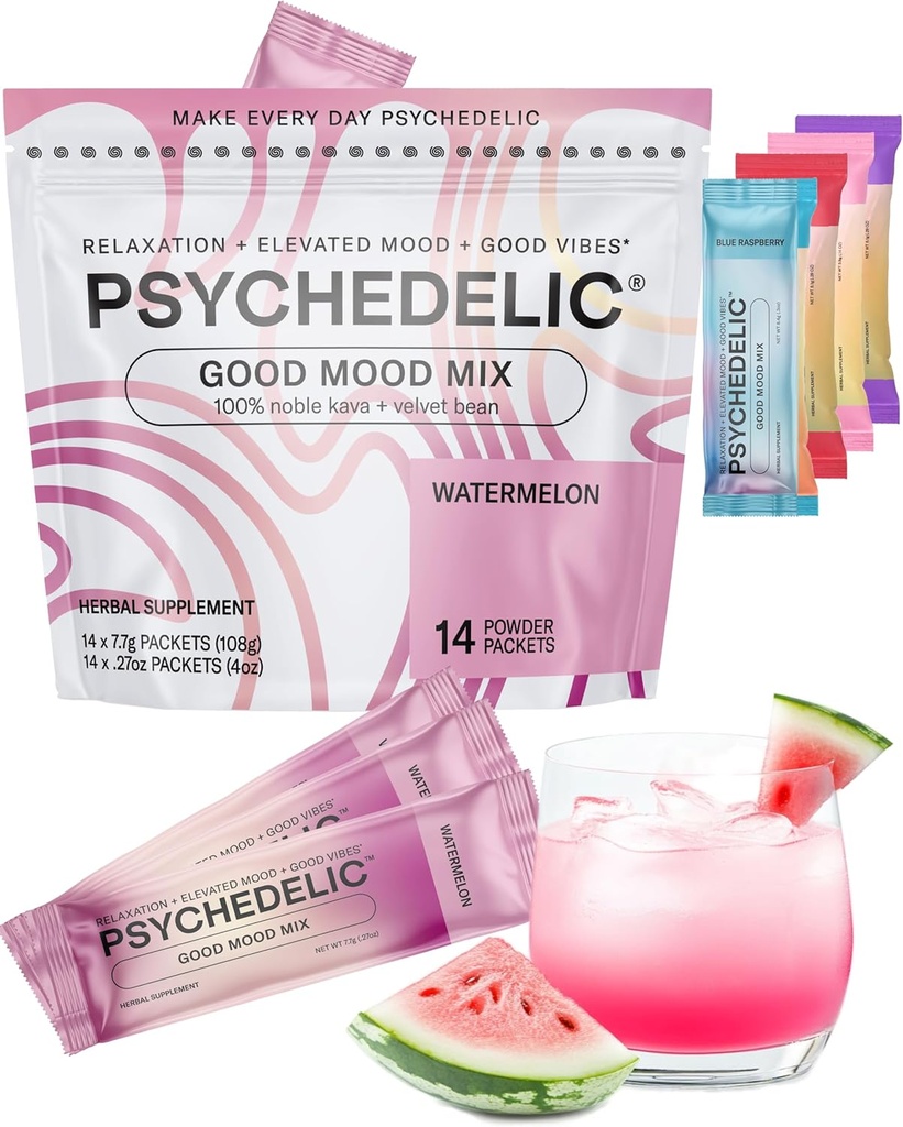 Good Mood Mix - Watermelon - Toz Paketleri - Calming Kava Drink Mix - Easy Open Single-Serving - Flavored Kava Toz - Mucuna Pruriens - Stevia - Sigara içilmez Adaptojen Mocktails - 14 Stick