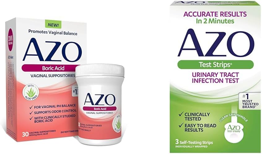 AZO Boric Acid Vaginal Suppositories Odor Control ve Balance Vaginal PH, 30 Kont Urinary Tract Enfeksiyonu (UTI) Test Strips, 2 Dakikada Doğru Sonuçlar, 3 Kont