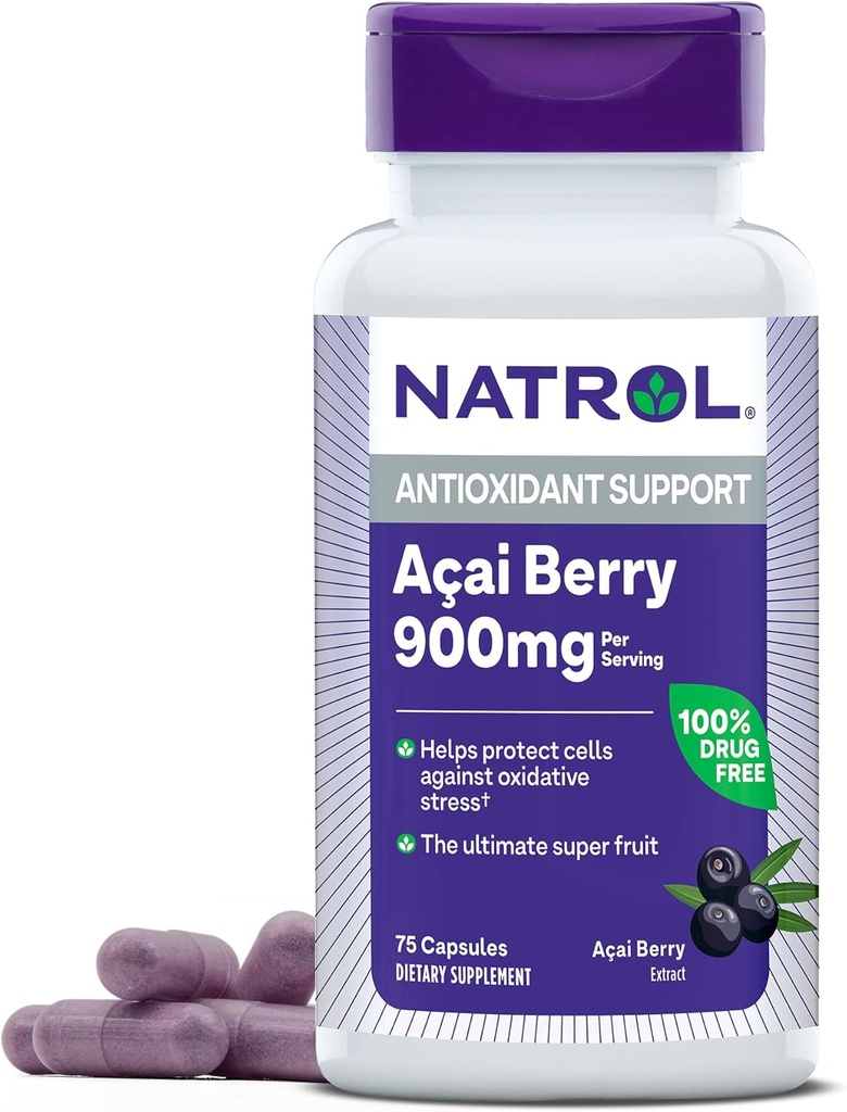 Natrol Acai Berry 900 mg, Antioksi Desteği için Diyetsel Tamam, 75 Capsules, 37 Day Supply