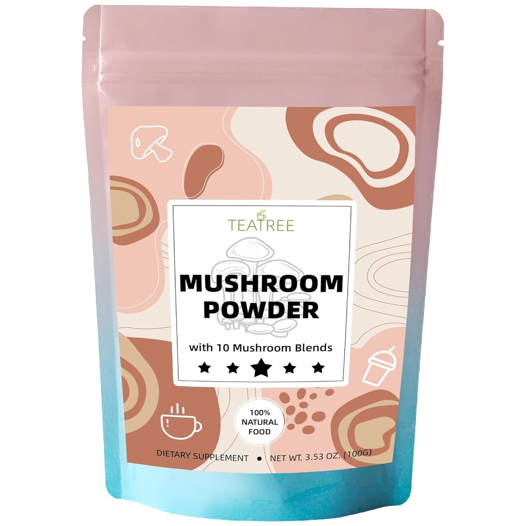10 Mushrooms Extract Toz, Mushroom Supplement Mix for Coffee, Beverages & Smoothies, Natural Focus, Energy & Immune Support Supplement - 3.53 oz / 100g