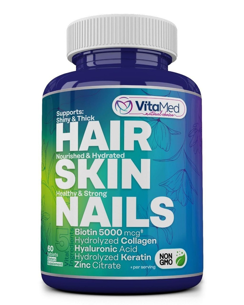 VitaMed Hair, Skin & Nails – Biotin 5000 mcg, Collagen, OptiMSM, Keratin, Hyaluronik Asit & Silica | Destekler Saç Büyüme, Parlament Skin, Güçlü Nails | Halal, Non-GMO, Gluten-Free – 60 Güzellik Tabletleri