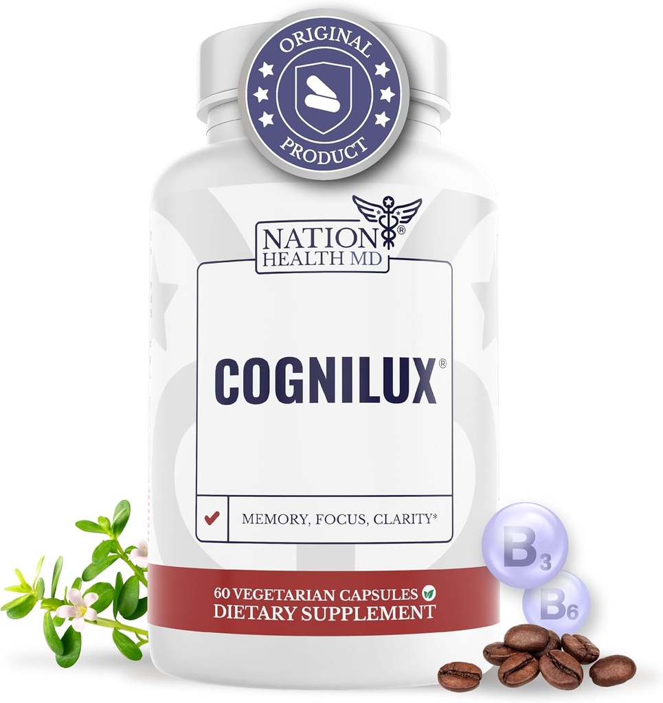 Cognilux - Συμπληρώματα εγκεφάλου για Μνήμη και Εστίαση - Nootropic Focus Supplement με Νιασίνη, Βιταμίνη Β6, GABA και More - Memory Supplement for Brain, Brain Health, 60 Κάψουλες