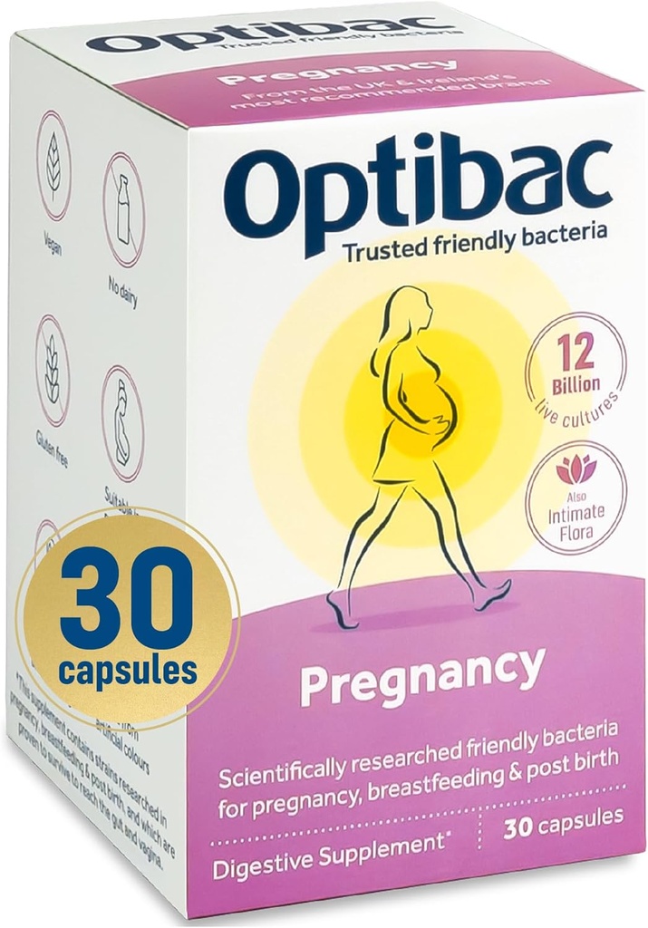 Optibac Probiyotikleri Gebelik - 12 Milyar CFU & FOS Fibres, Vegan Probiyotik Hamile ve Emzirme Kadınlar için Tamam, 30 Capsules