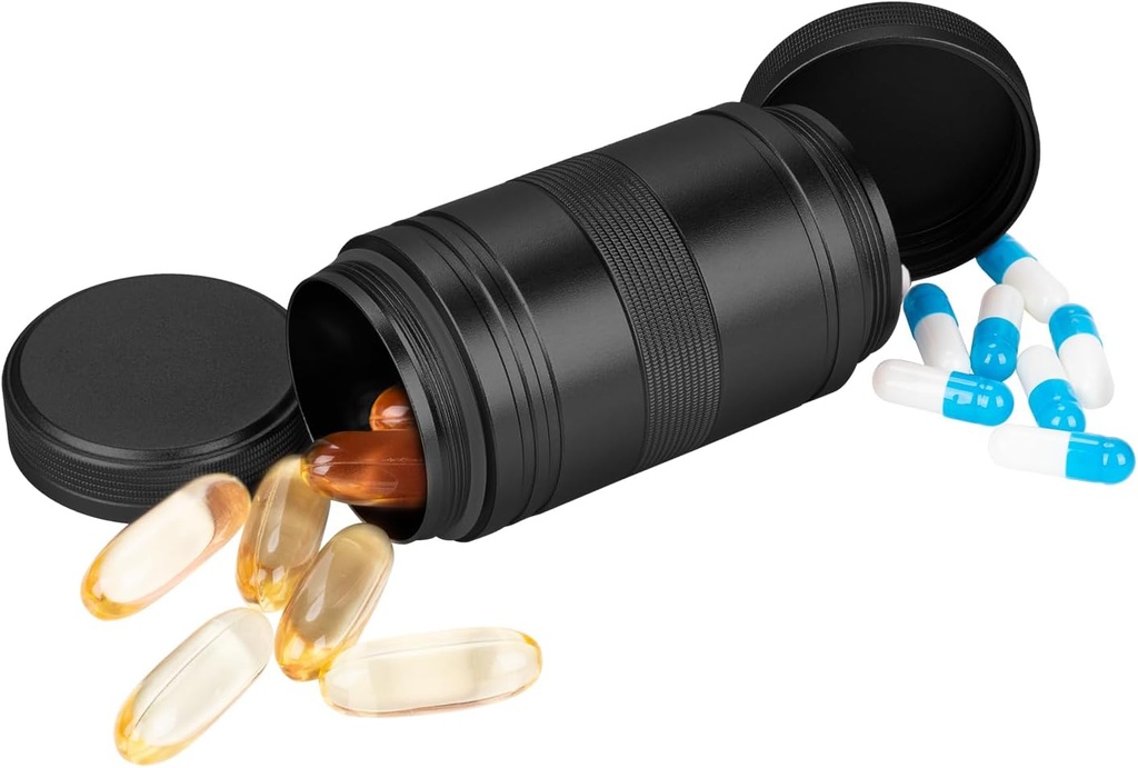 Metal Pill Box 2 Times a Day - Portatif Su Küçük Pill Case (AM PM), Travel Daily Pill Container, Compact Pill Holder Medicine Organizer for Pills/Vitamin/Fish Oil /Supplements, Black Pill Case (AM PM)